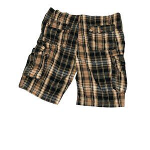 Carbon Cargo Shorts Brown Tan Black Plaid Mens 38 Cotton Flat Front Blue Bermuda